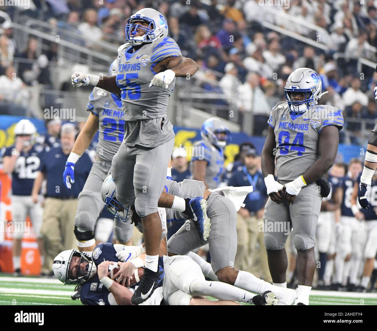 Arlington, United States. 28th Dec, 2019. Memphis Tigers Bryce Huff sacks Penn State's Sean Clifford during the first half of the 84th Goodyear Cotton Bowl Classic on Saturday, December 28, 2019 at AT&T Stadium. Photo by Ian Halperin/UPI Credit: UPI/Alamy Live News Stock Photo