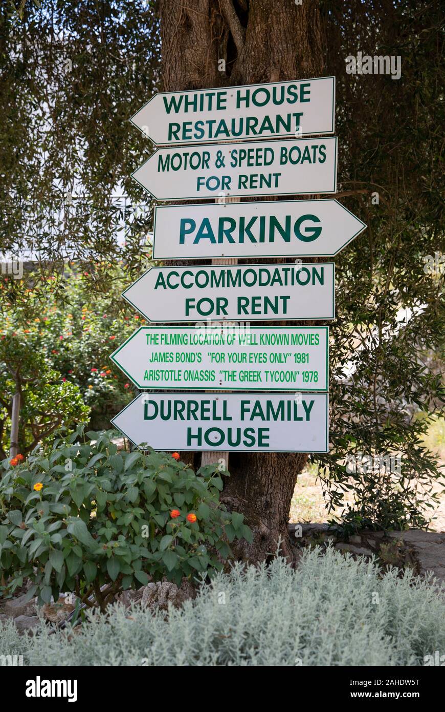 Direction post in Kalami near the White House, home of the Durrell's, Corfu, Greece Stock Photo