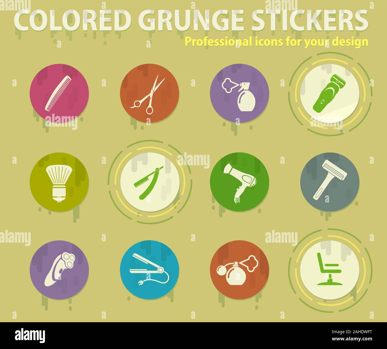 barbershop tools colored grunge icons Stock Vector