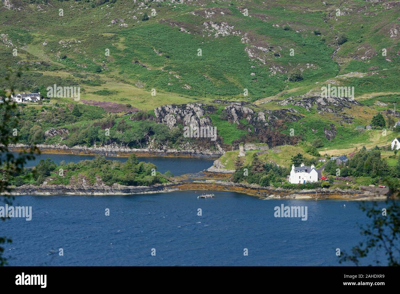 Eilean an Fhraoich and Castle Bay, Stromemore & Strome Castle  viewed from above Stromeferry, Loch Carron,  Wester Ross, Highland, Scotland Stock Photo