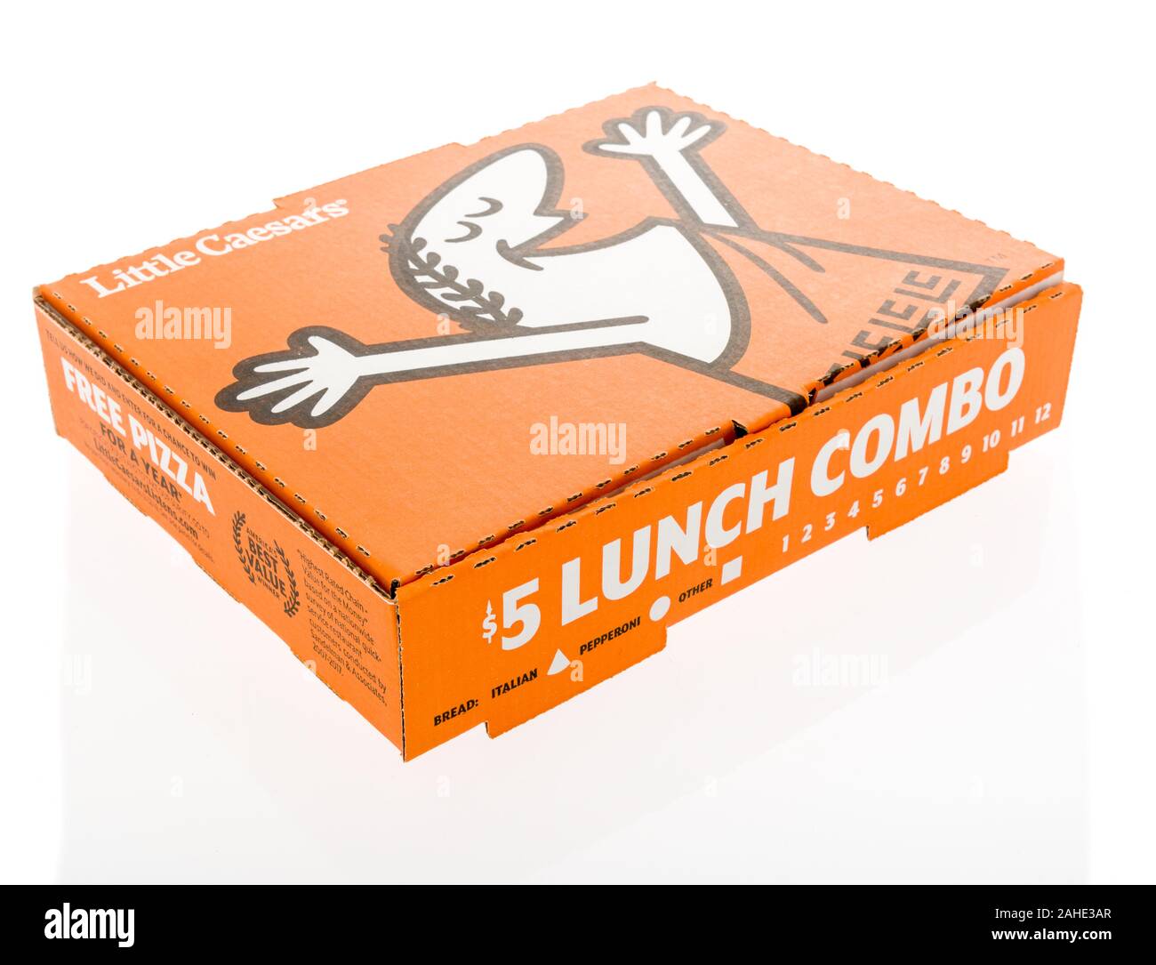 Winneconne, WI - 3 December 2019 : A package of little Caesars pizza 5 dollar lunch combo box on an isolated background Stock Photo