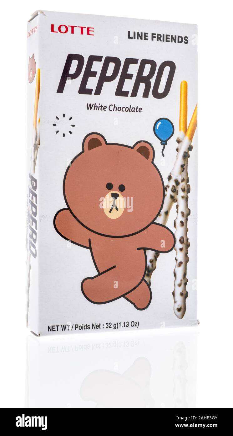 Winneconne, WI - 15 December 2019 : A package of Lotte pepero line friends white chocolate snack on an isolated background Stock Photo