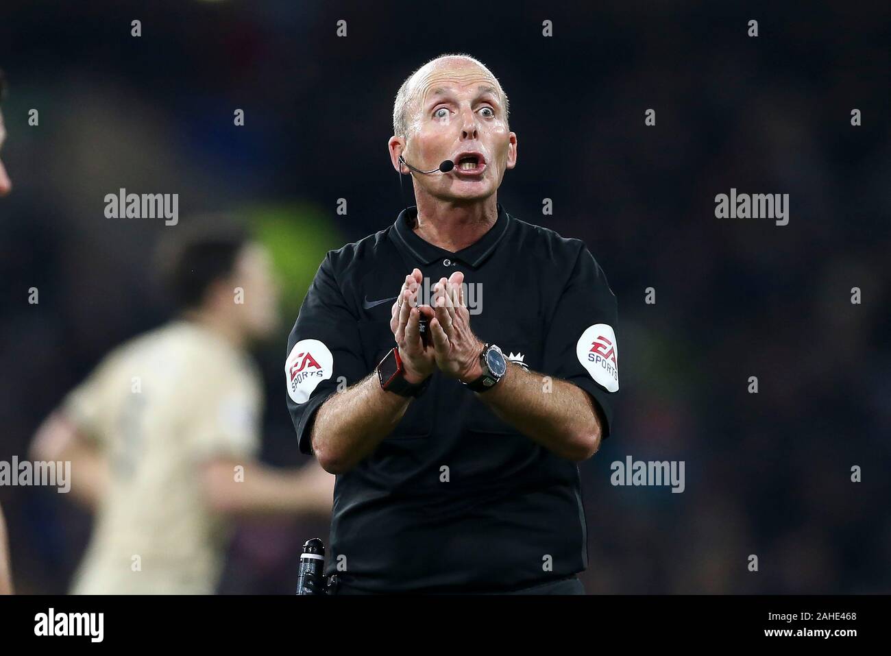 Burnley, UK. 28th Dec, 2019. Referee Mike Dean looks on. Premier League match, Burnley v Manchester Utd at Turf Moor in Burnley, Lancashire on Saturday 28th December 2019. this image may only be used for Editorial purposes. Editorial use only, license required for commercial use. No use in betting, games or a single club/league/player publications. pic by Chris Stading/Andrew Orchard sports photography/Alamy Live news Credit: Andrew Orchard sports photography/Alamy Live News Stock Photo
