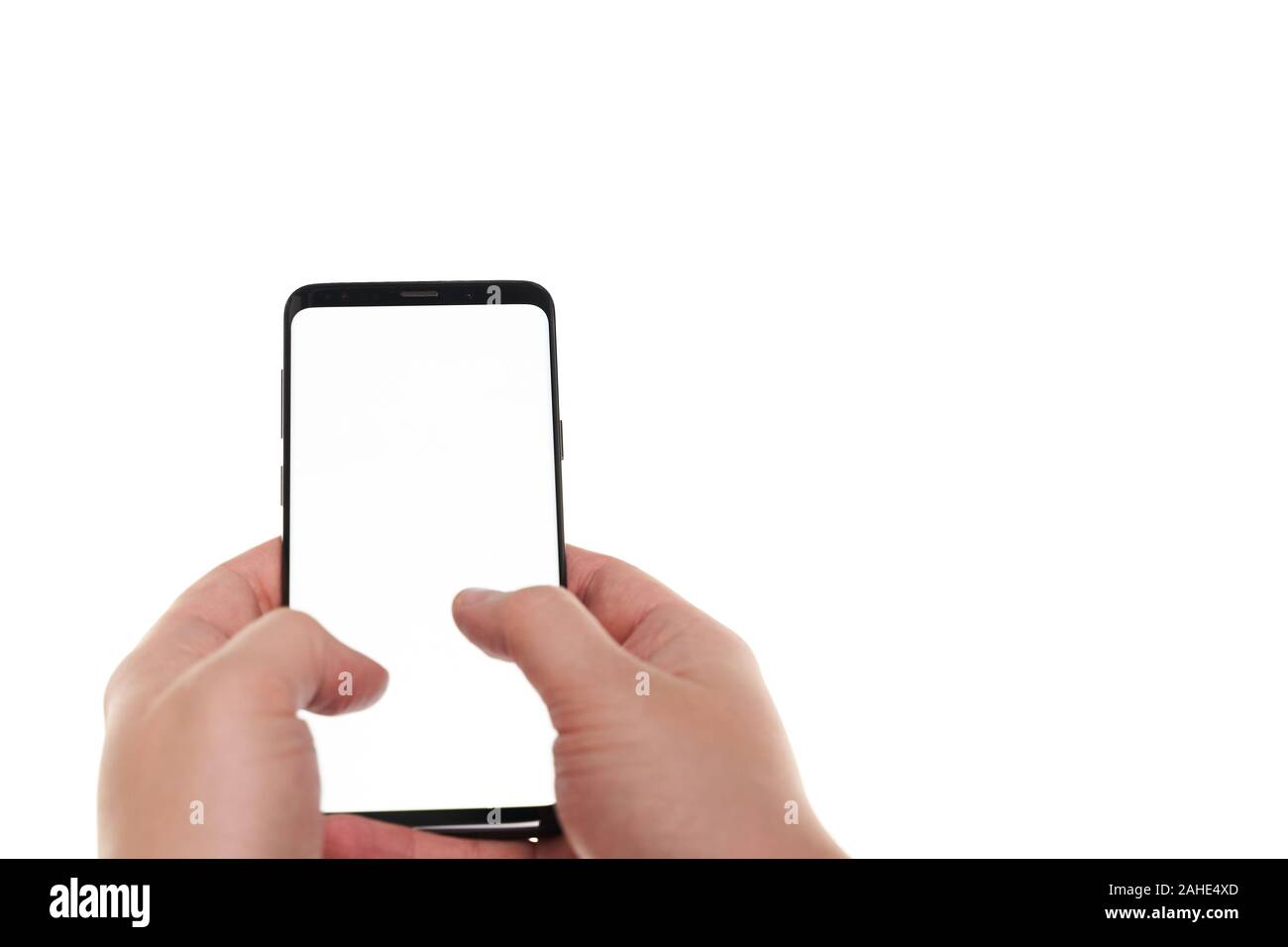 Man hands typing on the black smartphone blank screen with modern ...