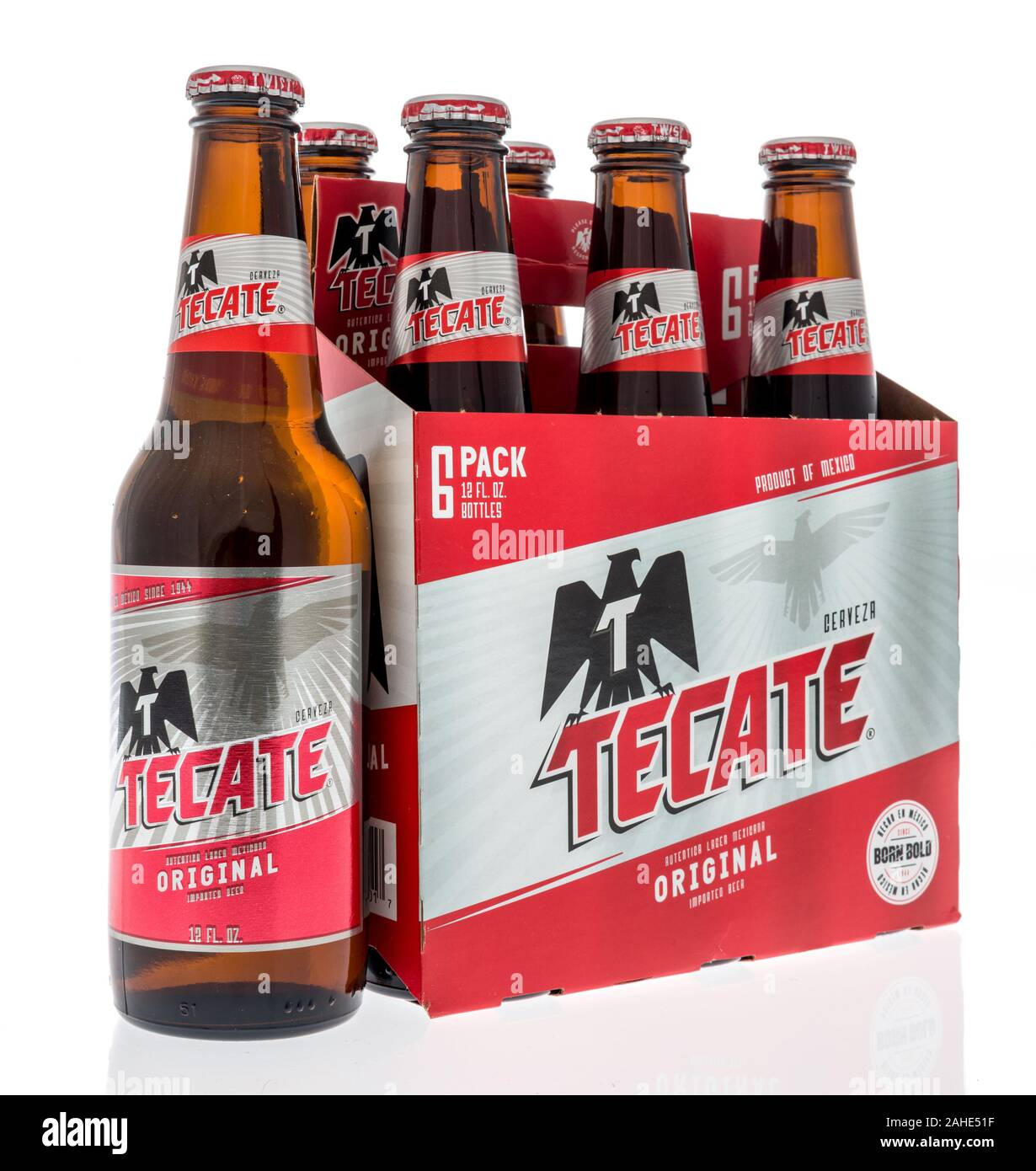Winneconne, WI - 28 December 2019 : A six pack of Tecate beer from Mexico on an isolated background Stock Photo
