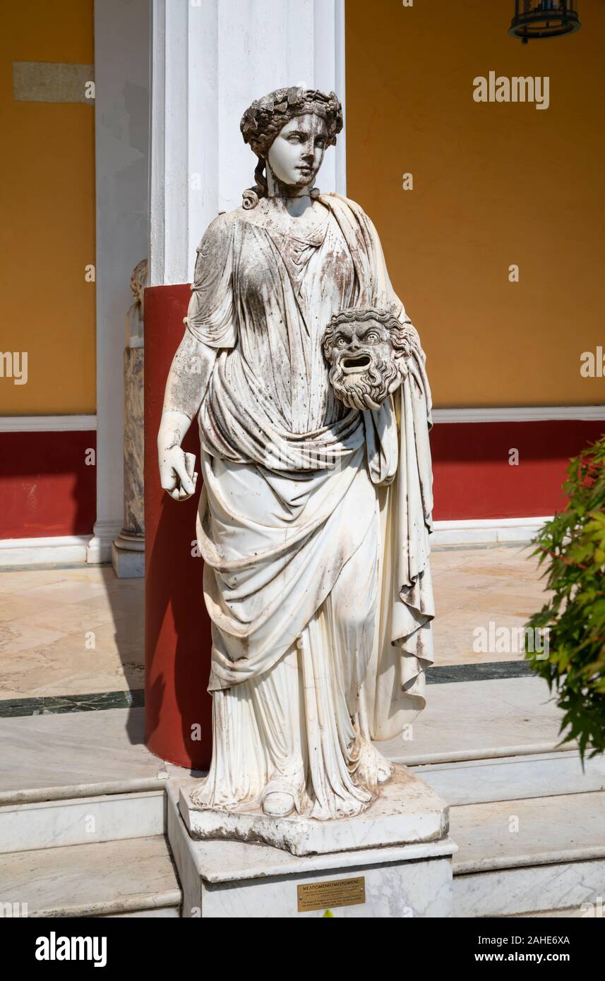 Marble statue of muse Melpomene, the protector of tragedy, in the Courtyard of the Muses, Achilleion Palace, Corfu, Greece Stock Photo