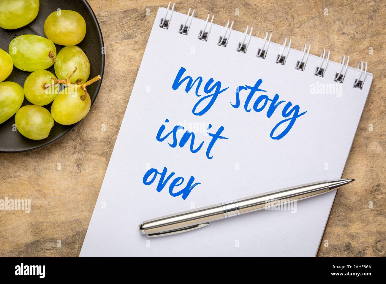 my story is not over - inspirational handwriting in a sketchbook, persistence and determination concept, never give up Stock Photo