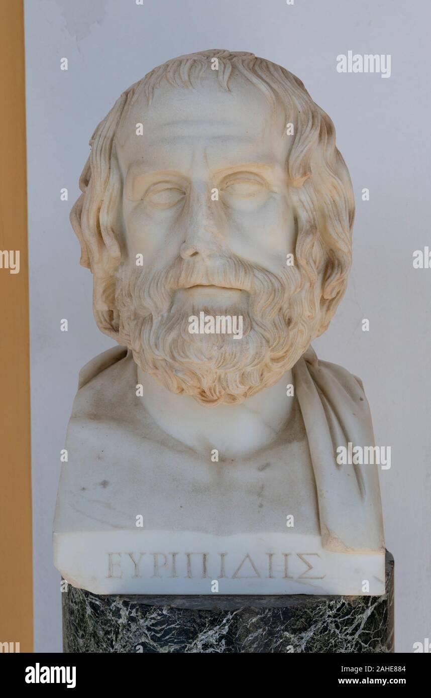 Marble bust of Euripides in Achilleion Palace, Gastouri, Corfu, Greece Stock Photo