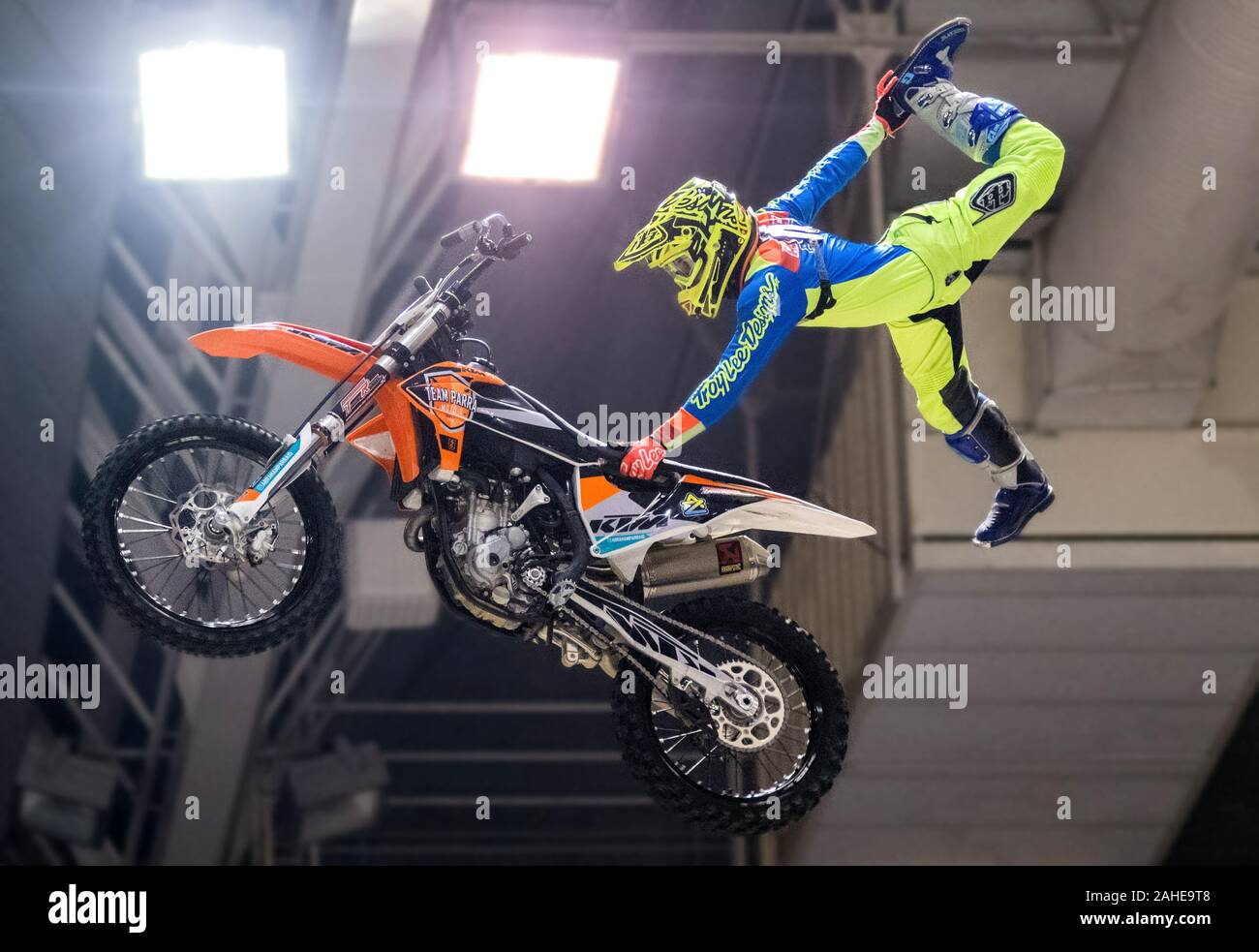 Gijon, Spain. 28th December, 2019.  Freestyle motocross rider Abraham Parra in action during the motocycle Freestyle Cup Burn of Gijon at Sports Center on December 28, 2019 in Gijon, Spain. ©David Gato/Alamy Live News Stock Photo
