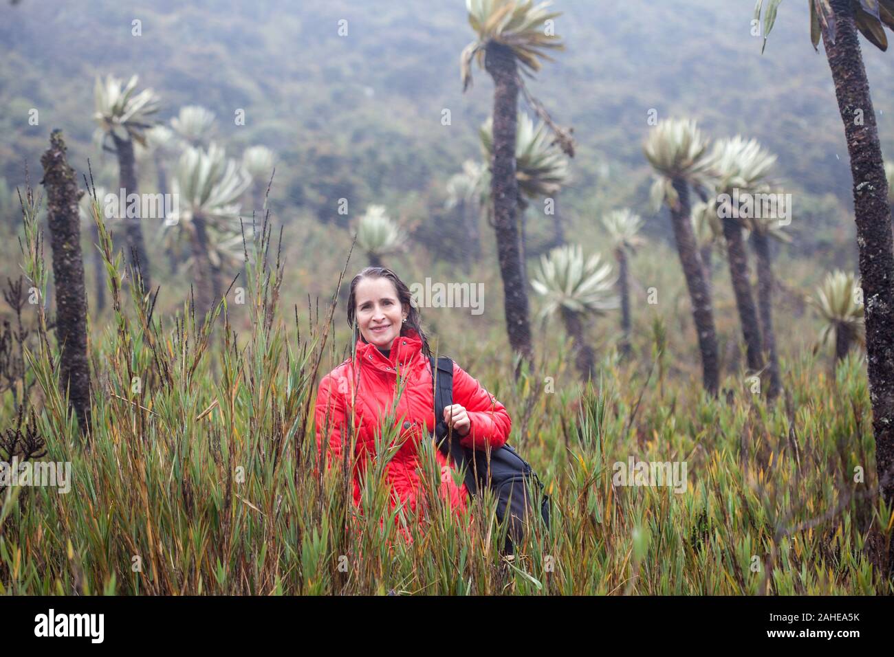 Woman exploring a typical paramo in the department of Cundinamarca in Colombia Stock Photo