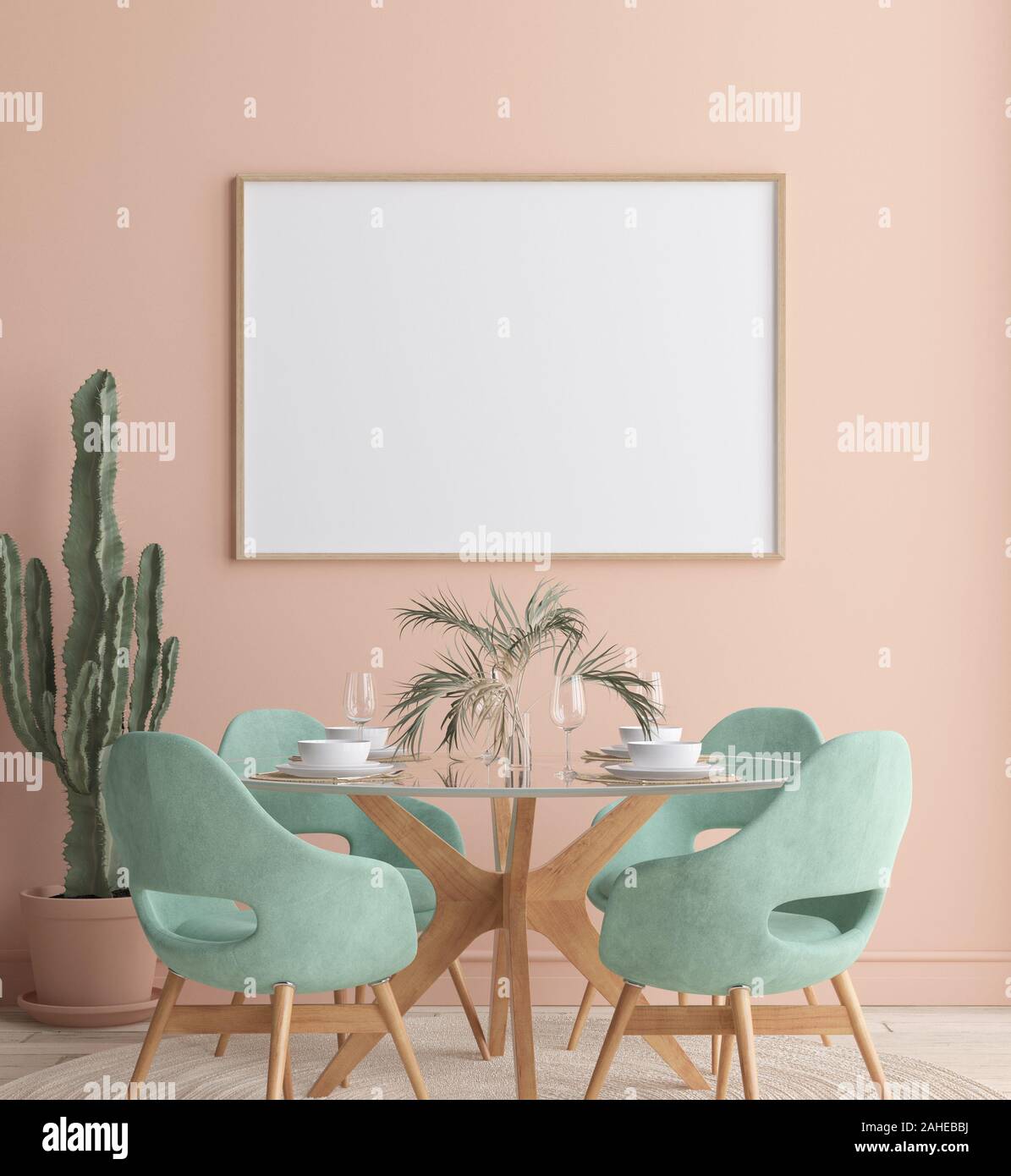 Wall, poster mock up in dining room, minimalist interior, 3d render