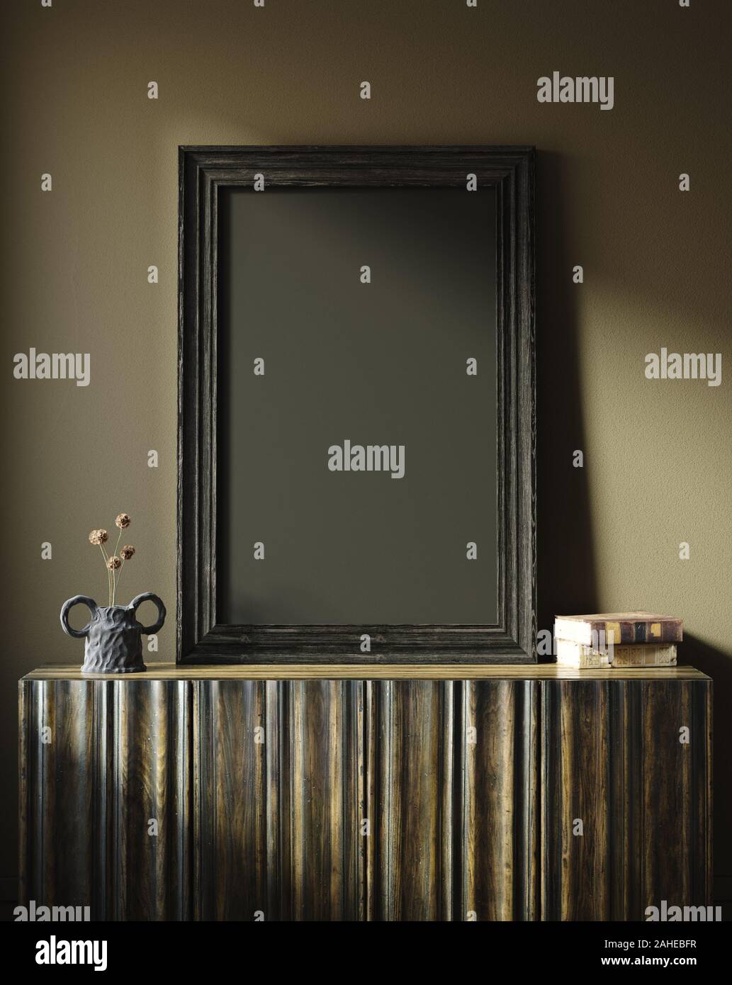 Wall, frame mock up in dark minimalist interior close up, 3d render ...