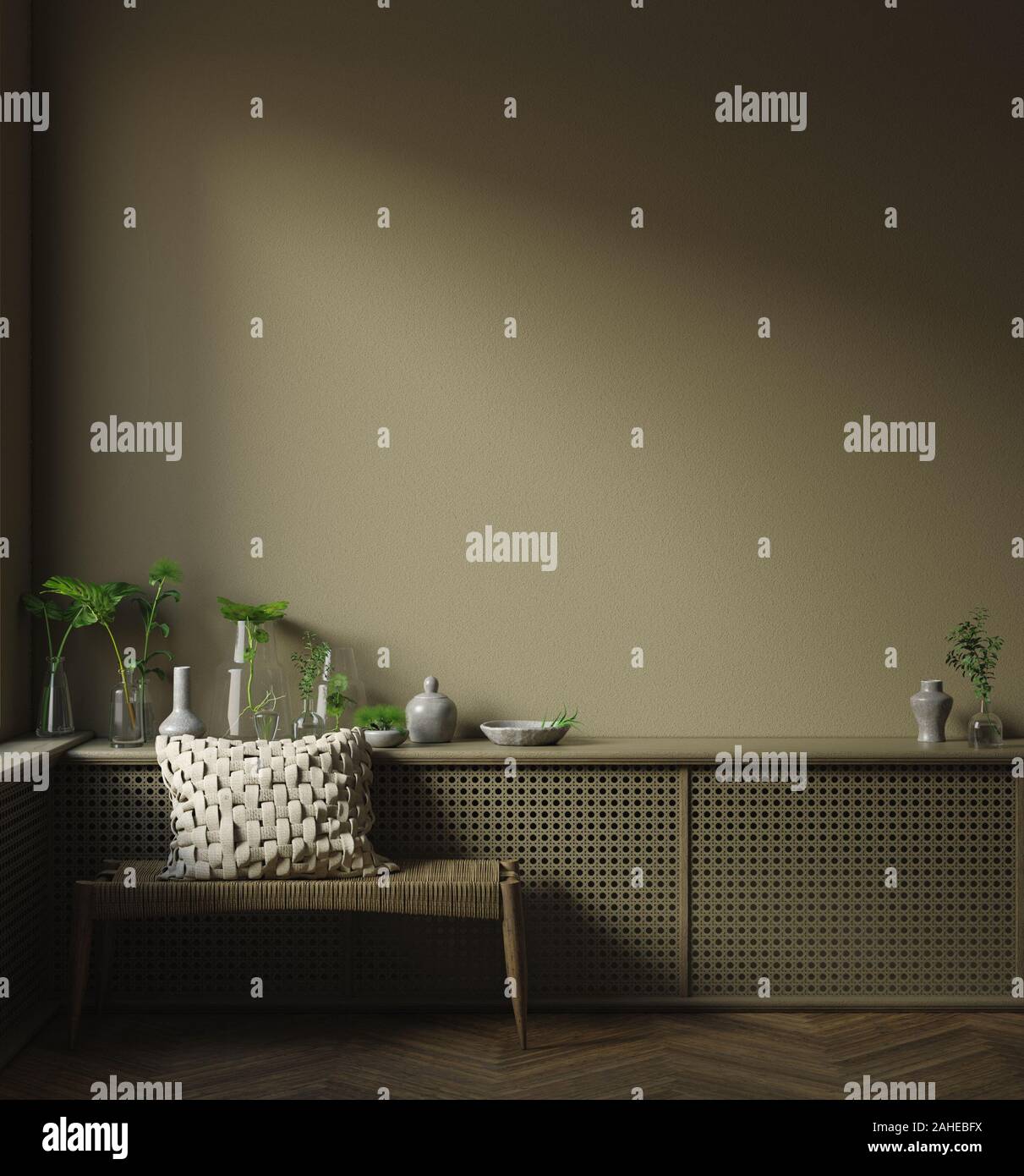 Wall, frame mock up in dark minimalist interior close up, 3d render ...