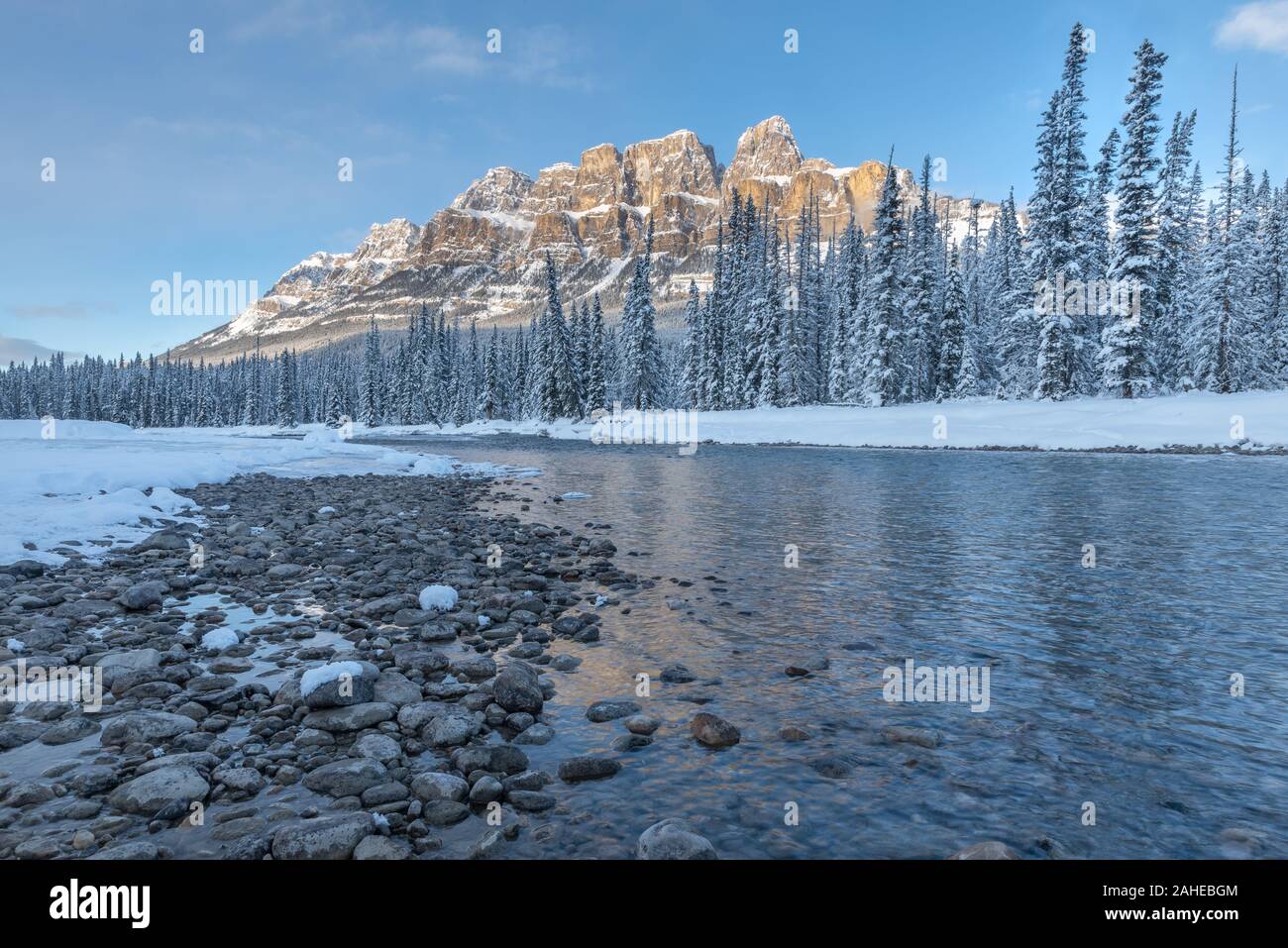 Castle Mountain And Bow River At Castle Junction In Banff National Park