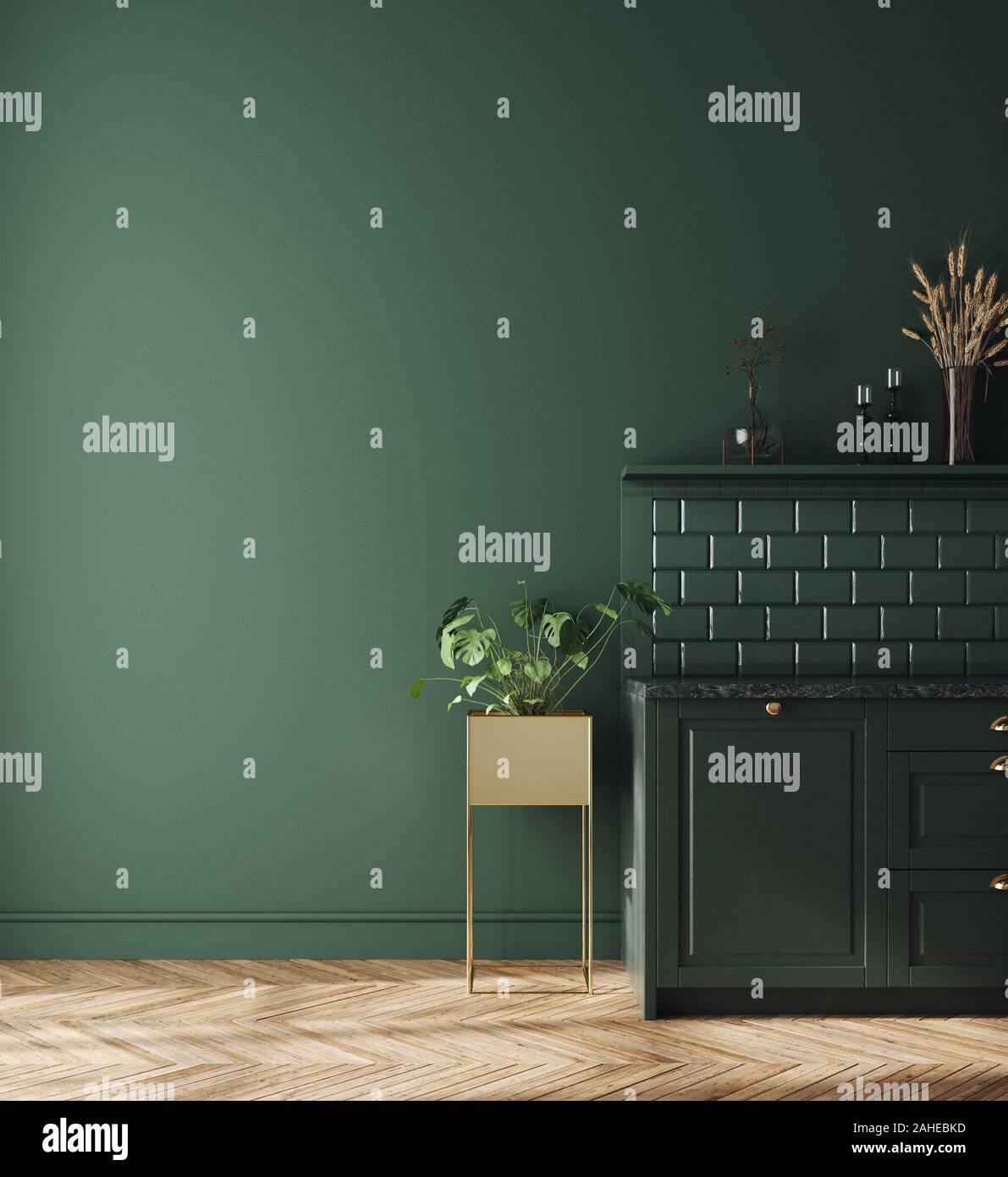 Modern dark deep green kitchen interior, wall mock up, 3d render Stock