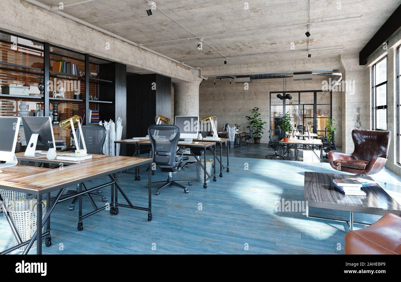 Office Interior In Loft Industrial Style 3d Render Stock Photo