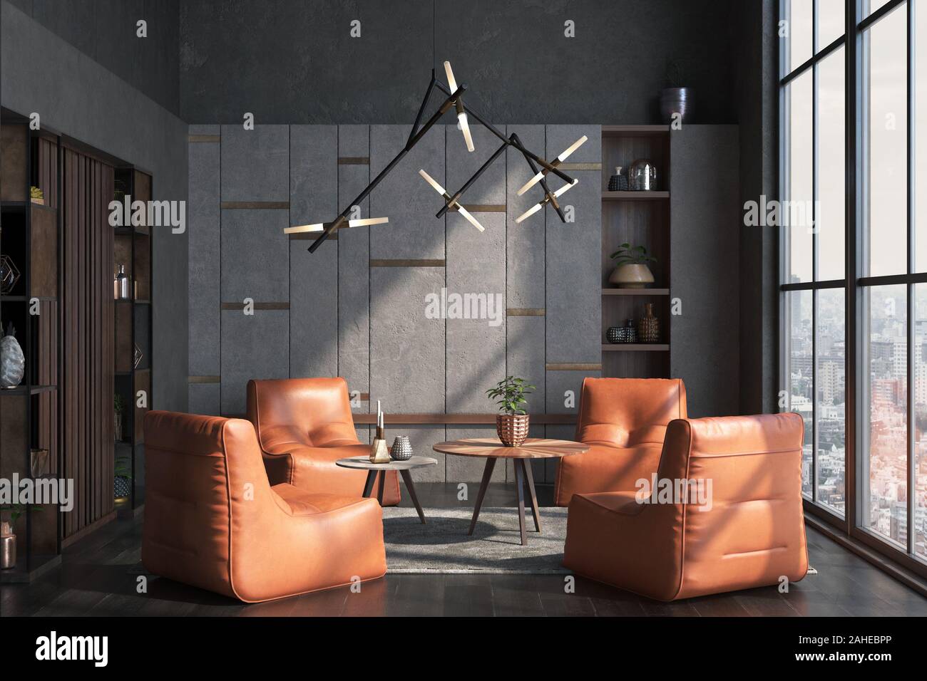 Living room interior in loft, industrial style, 3d render Stock Photo ...