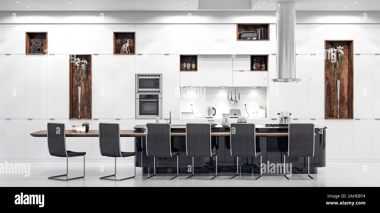 Luxury white modern kitchen interior, 3d render Stock Photo - Alamy