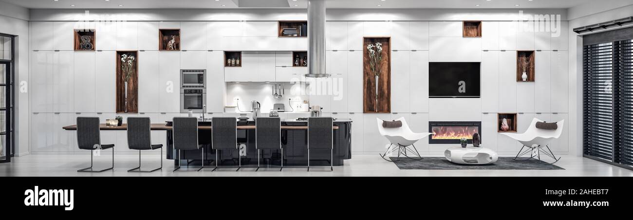 Luxury white modern kitchen interior, 3d render Stock Photo - Alamy