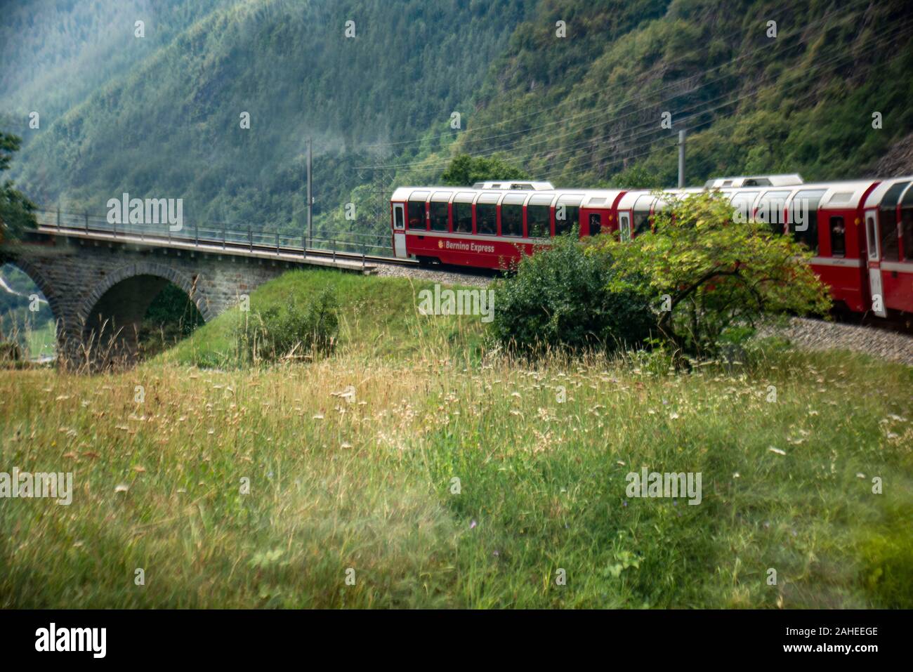 Scenes from the Bernina Express, a train connecting Chur in Switzerland to Tirano in Italy by