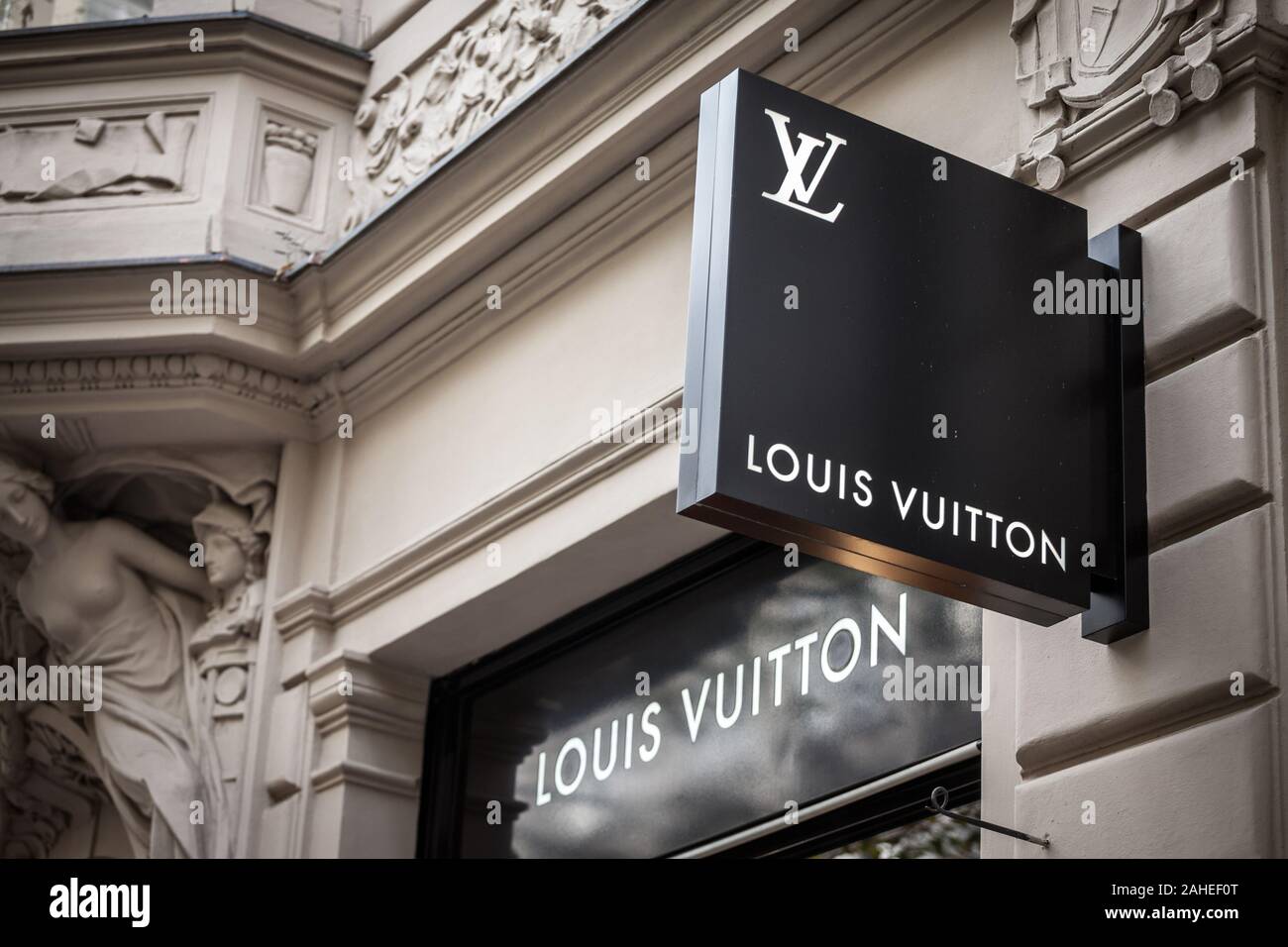 PRAGUE, CZECHIA - NOVEMBER 1, 2019: Louis Vuitton Logo on their local boutique in Vienna. Louis Vuitton is a fashion house manufacturer and luxury ret Stock Photo