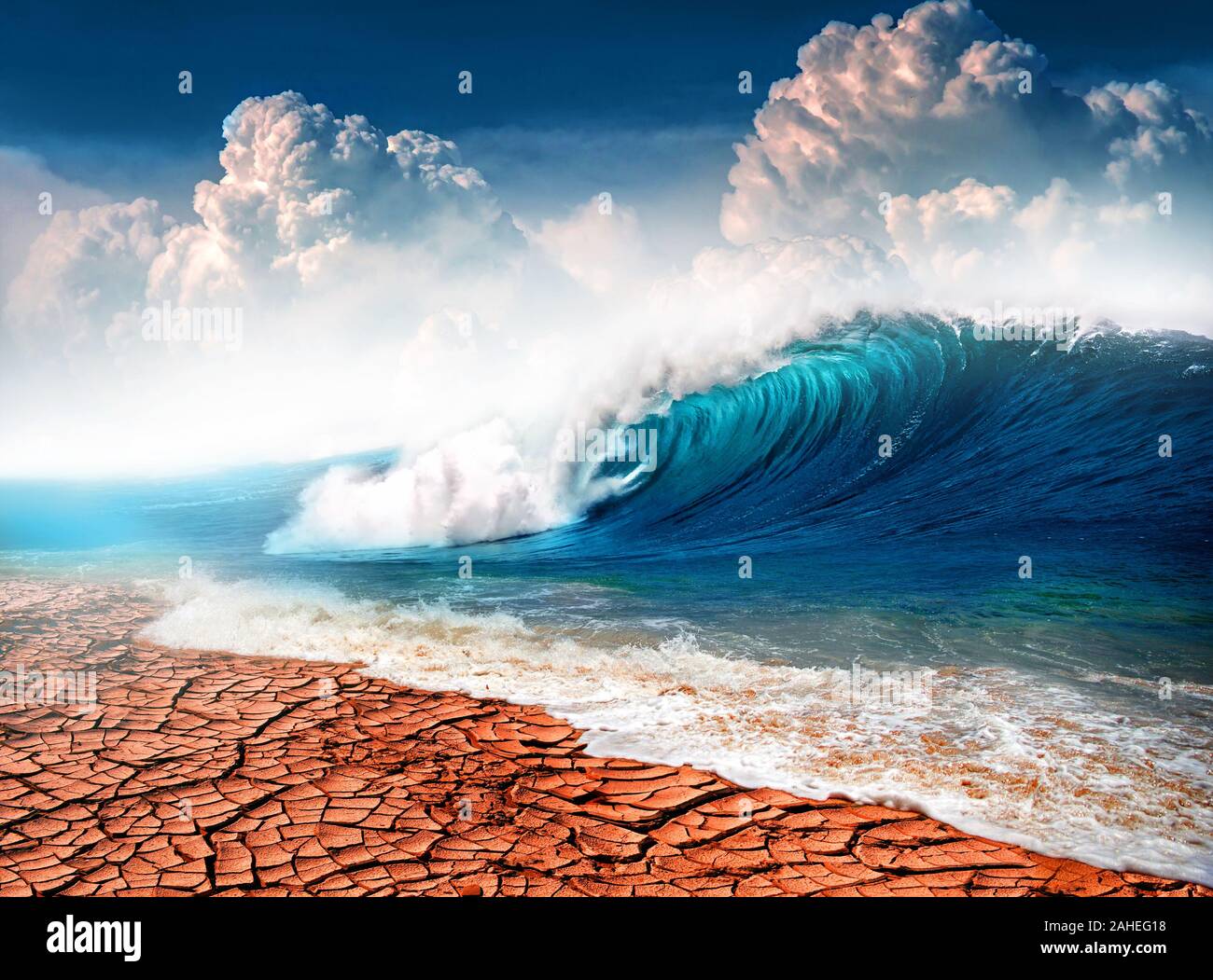 Flash flood in a dry desert. Polar ice melting climate change theme concept. Stock Photo