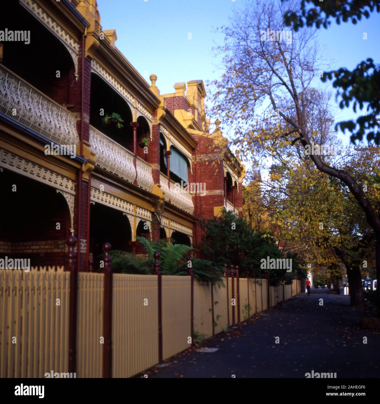 Row of beautiful Victorian terrace houses in the inner city suburb of South Melbourne, Victoria. Historically known as Emerald Hill. Stock Photo