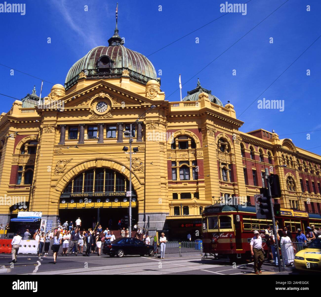 View to the main entrance of Flinders Street Railway Station, Melbourne, Victoria. Australia. Completed in 1909 is a cultural icon of Melbourne. Stock Photo