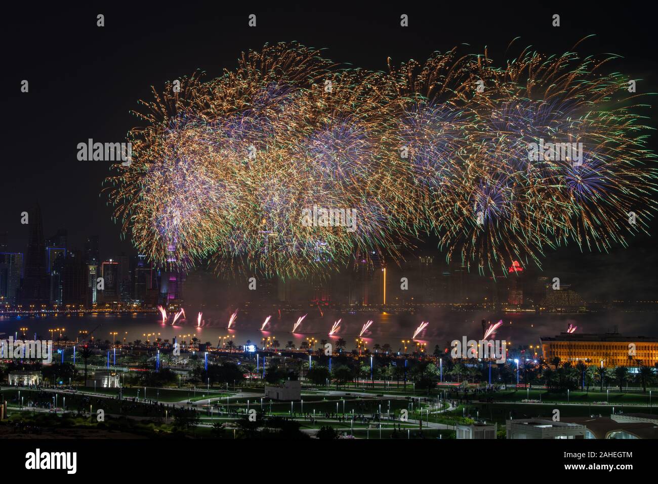 Fireworks on Qatar National Day 2019 at Corniche Stock Photo