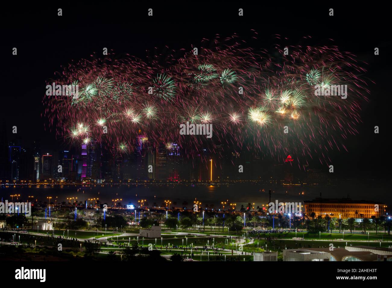 Fireworks on Qatar National Day at Corniche Stock Photo