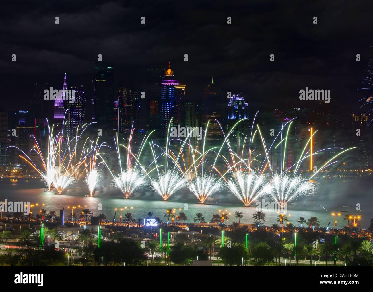 Fireworks on Qatar National Day at Corniche Stock Photo