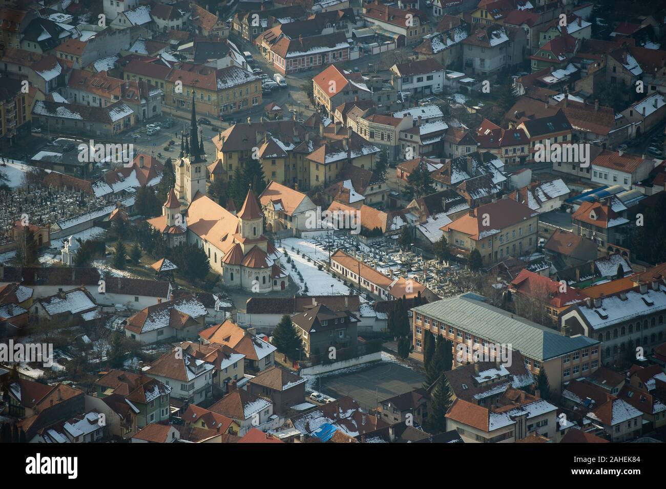 The well preserved buildings in the Transylvanian town of Brasov, Romania, make it a popular tourist destination. Stock Photo