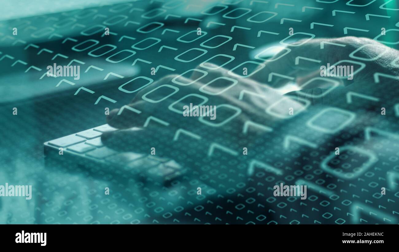 Hacker sending phishing scam to bank computer network Stock Photo