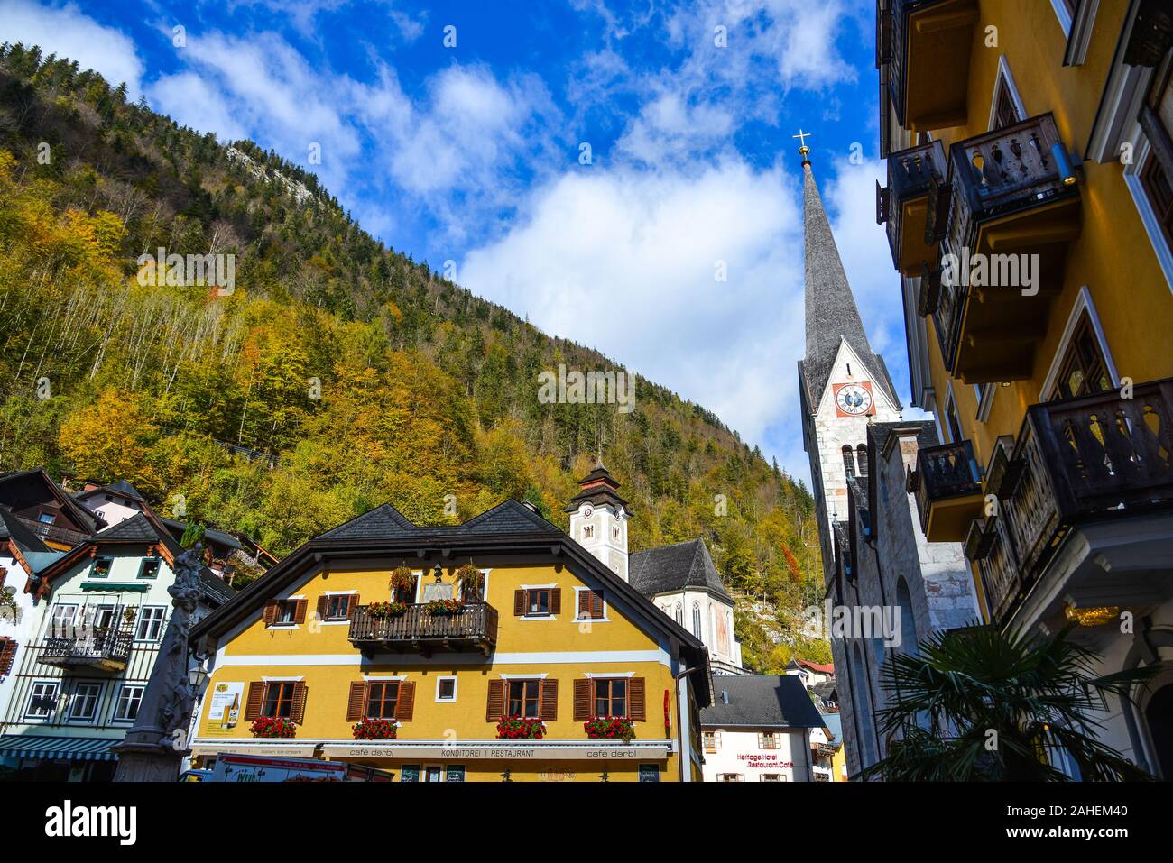 Hallstatt, Austria Oct 25, 2018. Old buildings in Hallstatt, Austria