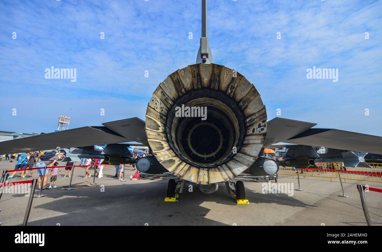 Singapore - Feb 10, 2018. Back view of General Dynamics F-16 Fighting Falcon aircraft belong to the Singapore Air Force on display in Changi, Singapor Stock Photo