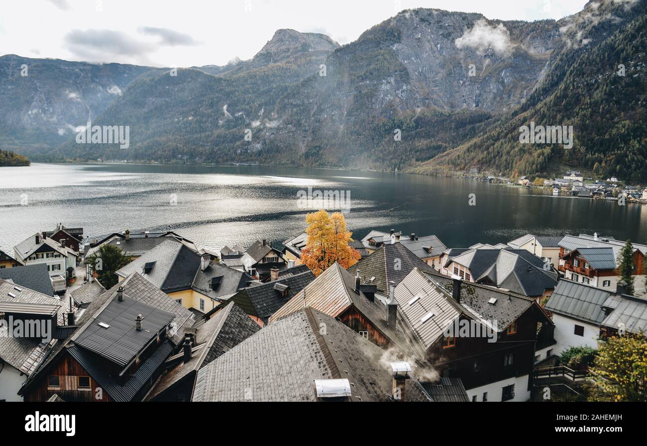 Beautiful Hallstatt Village With The Mountain Lake In Sunny Day