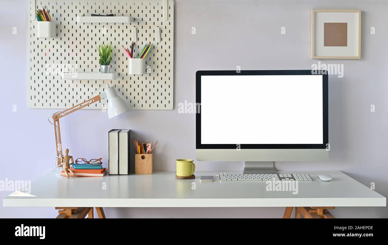 Working Desk Modern Work Space Mockup Laptop Computer With Empty Screen And Office Supplies Stock Photo Alamy