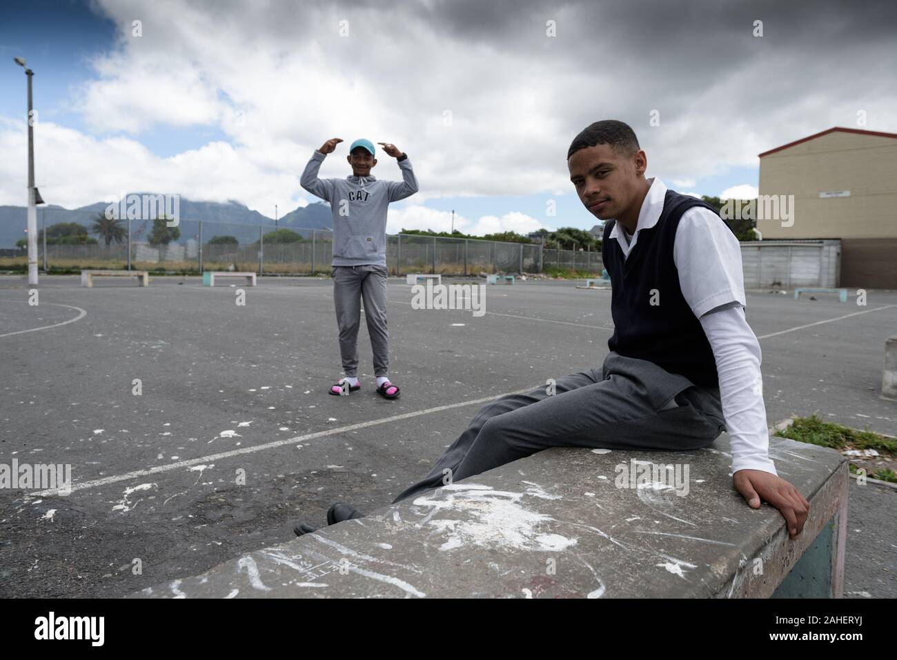 A South African schoolboy in the Cape Town suburb of Hanover Park, where gangsterism haunts the impoverished 'Coloured' neighbourhood Stock Photo