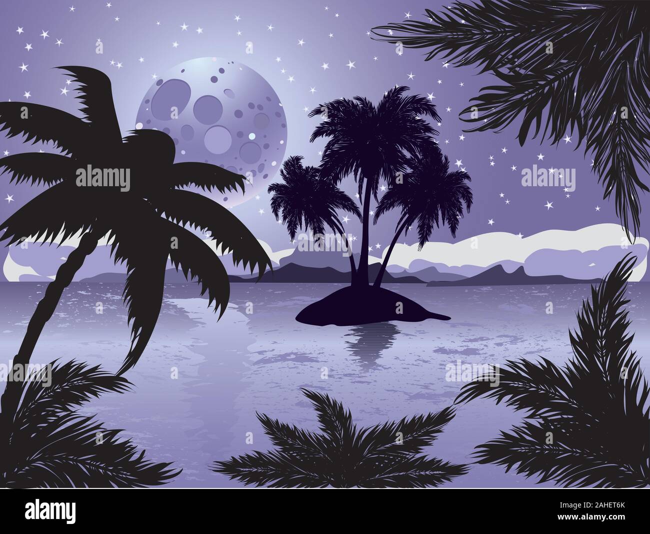 Palm trees silhouette on night tropic beach background with abstract moon. Stock Vector