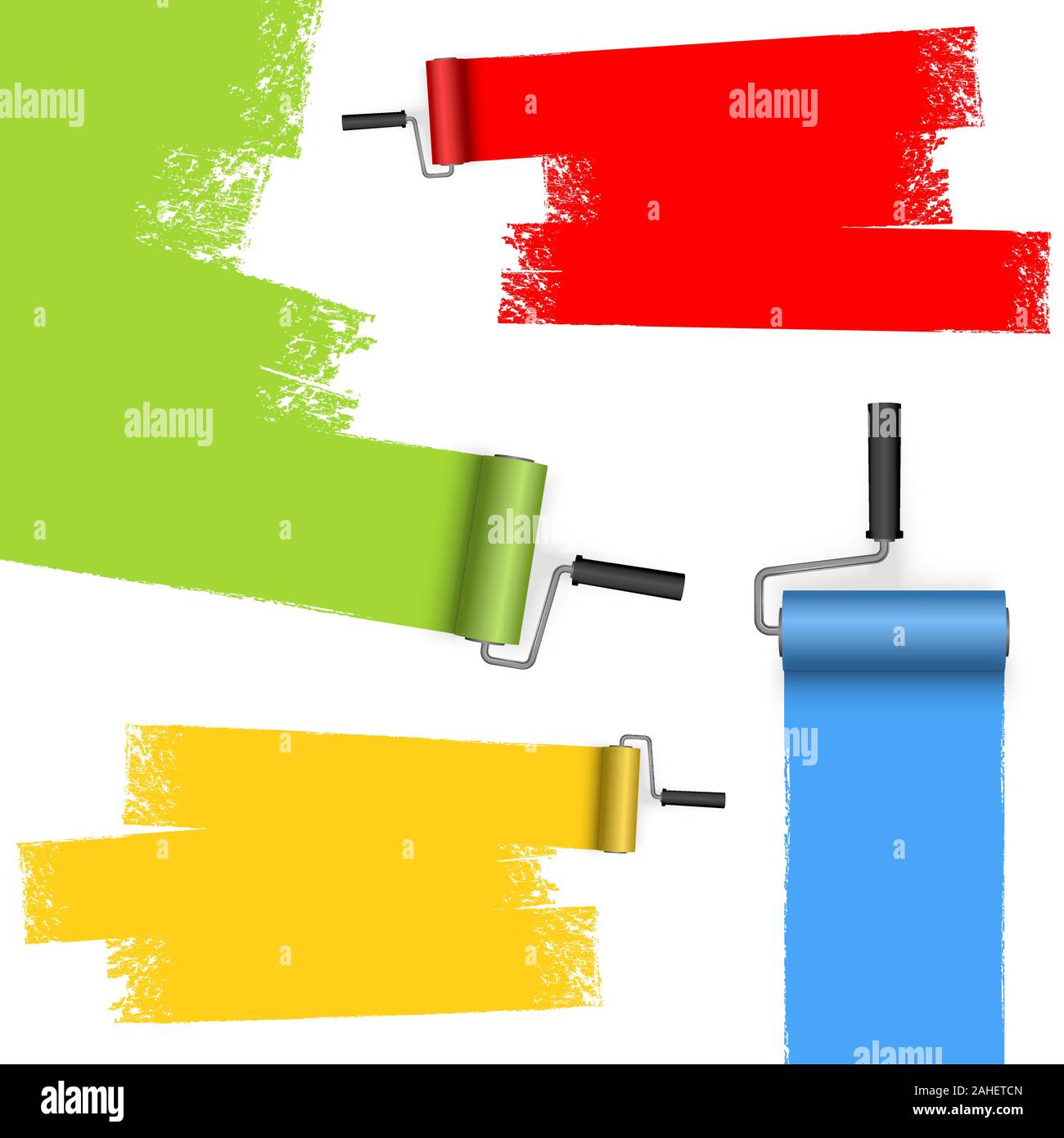 Rollers Painting Blue Green Yellow And Red Horizontally Stock