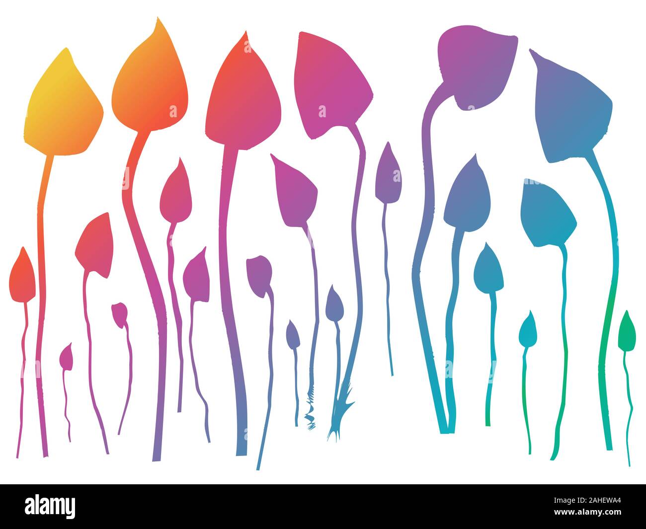 A group of mushrooms silhouetted in a rainbow against a white background Stock Vector