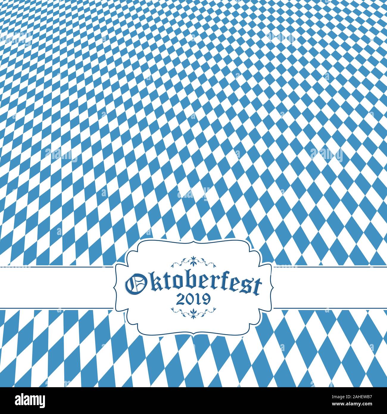 Oktoberfest background with blue-white checkered pattern, banner and text Oktoberfest 2019 (in german) Stock Vector