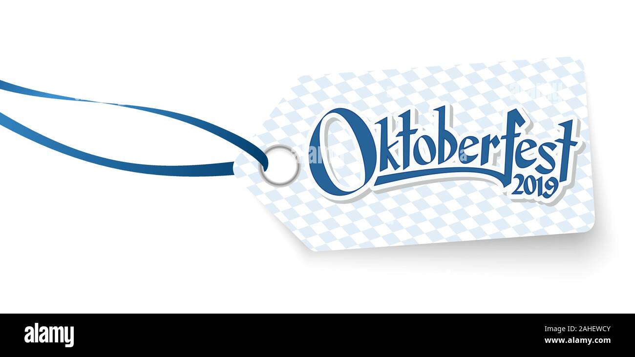 hangtag with blue white checkered pattern and text Willkommen zum Oktoberfest 2019 (in german) Stock Vector