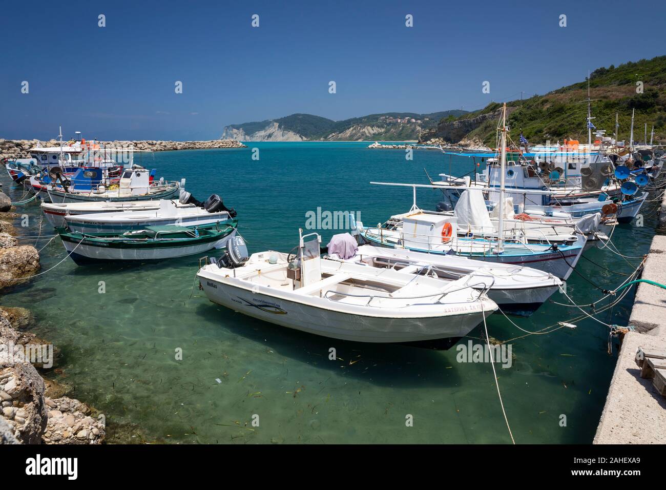 Boats moored at Agios Stefanos in North West Corfu, Greece Stock Photo