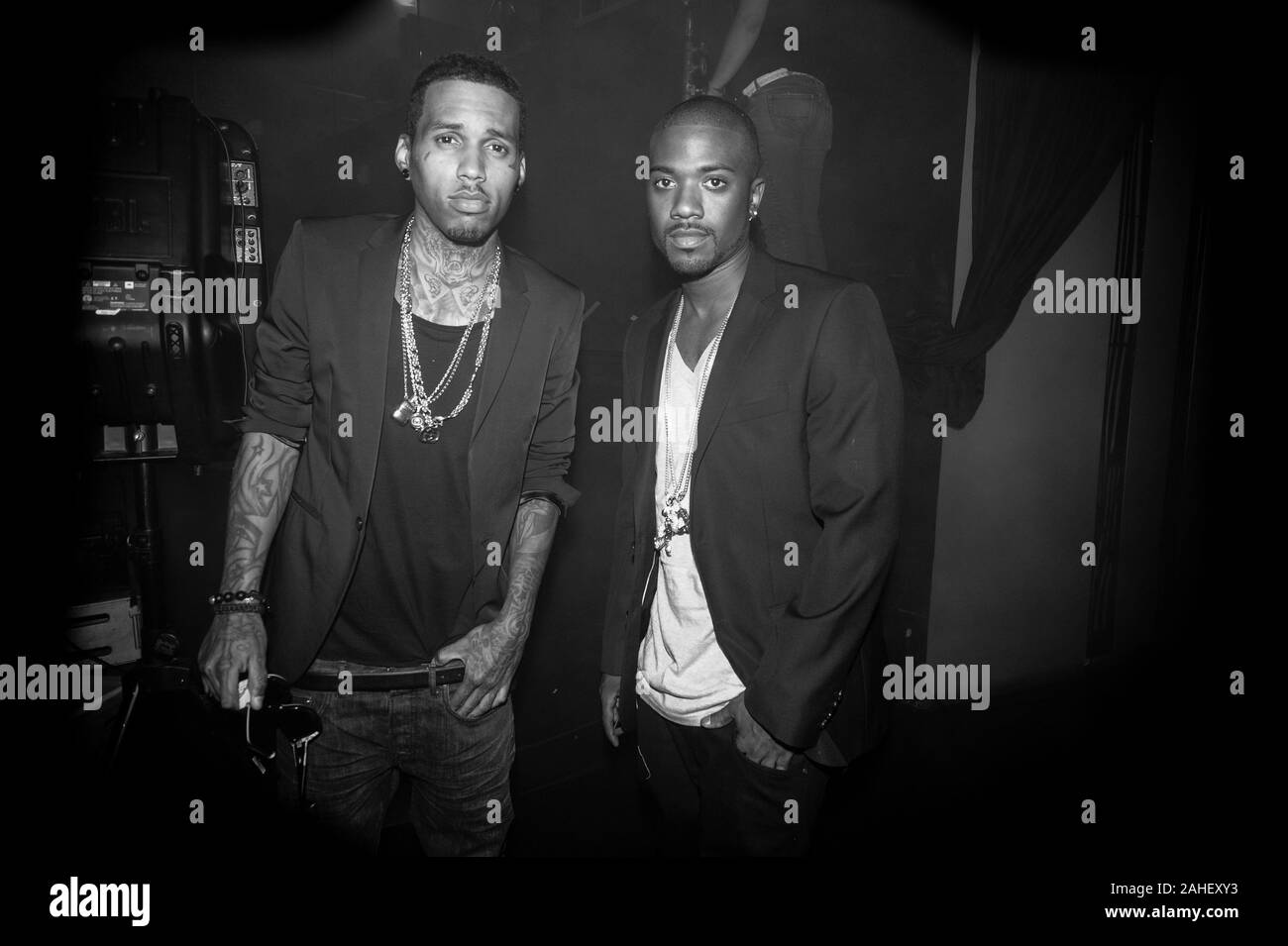 (L-R) Rapper Kid Ink and Actor / Singer / Reality TV Star William Raymond Norwood Jr. aka Ray J on set of Ray J & Kid Ink 'Drinks In The Air' Music Video in Los Angeles, California. Stock Photo