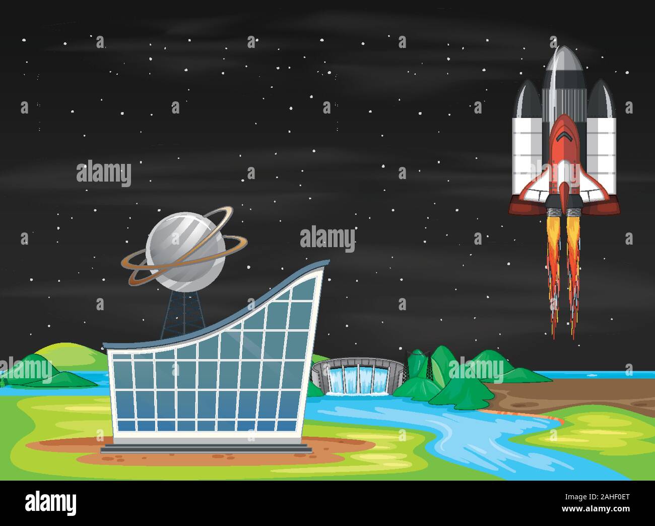 Scene with spaceship flying in the sky illustration Stock Vector Image ...