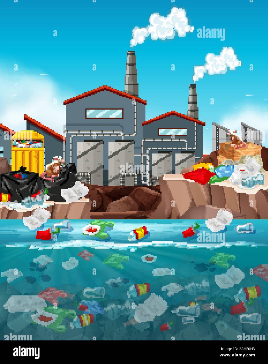 Water pollution with plastic bags in river illustration Stock Vector ...