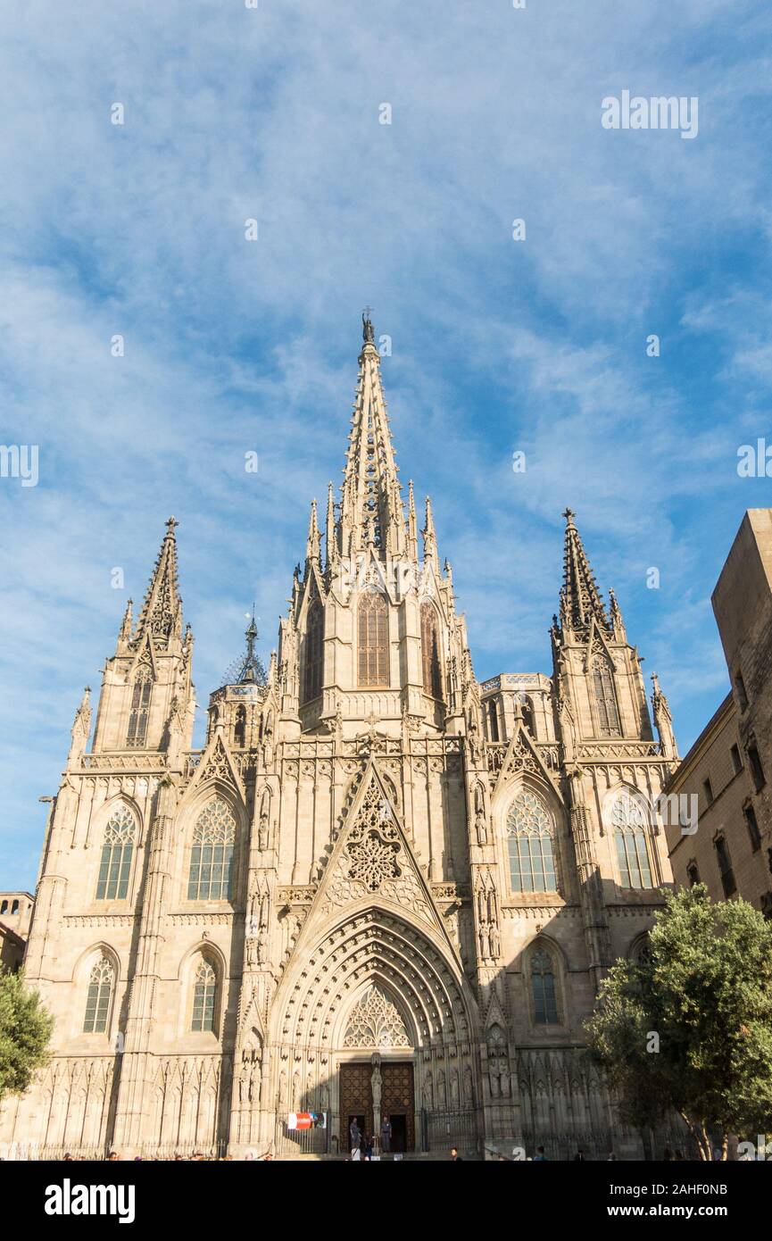 Barcelona, Spain - June 19, 2019 - Medieval towers of the Metropolitan Cathedral Basilica of Barcelona, located in the gothic quarter in Catalonia, Sp Stock Photo