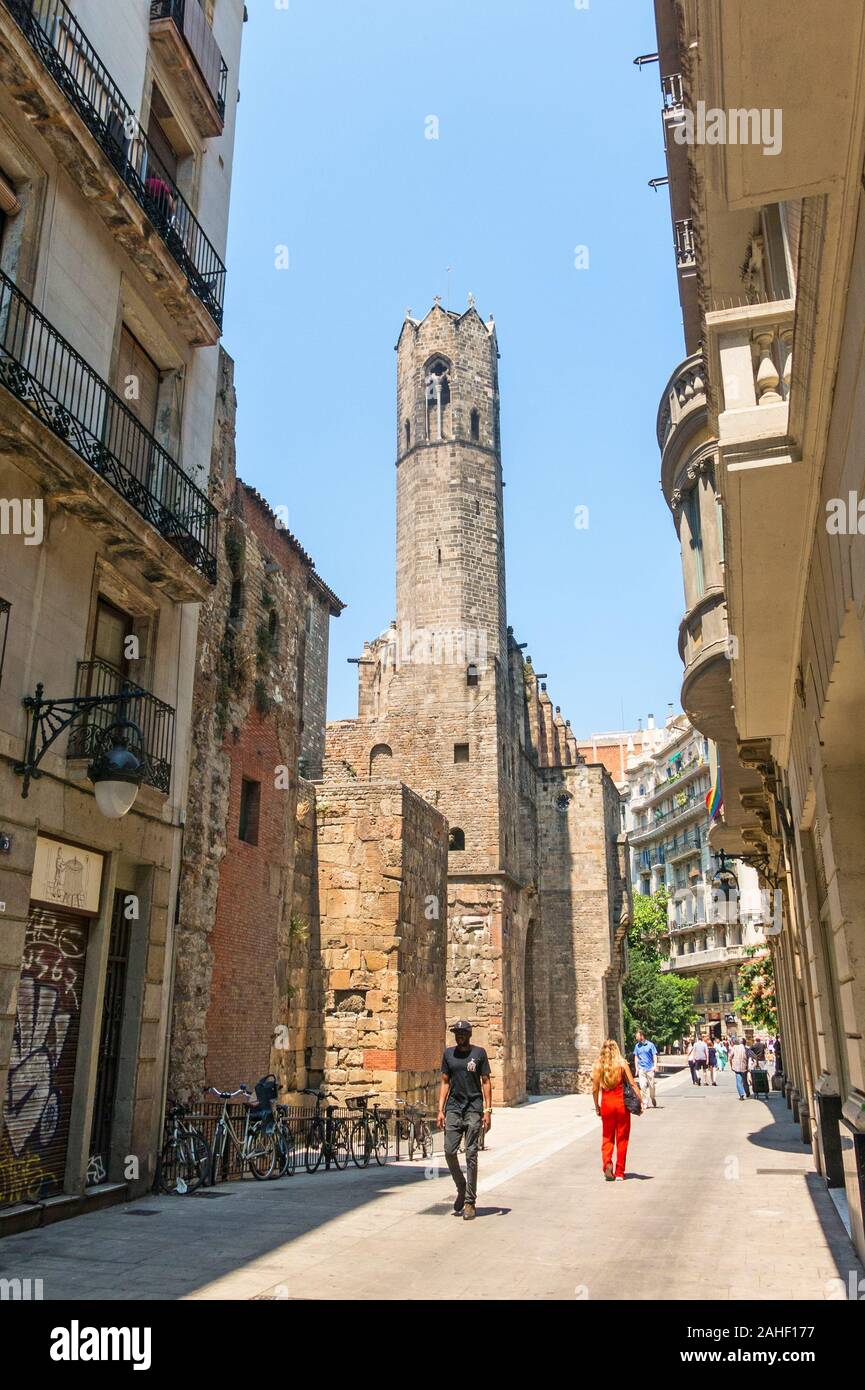 BARCELONA - JULY 3, 2019: Barcelona: medieval Tower of Santa Agata Chapel. (also known as King's Chapel) at Placa del Rei (King's Square), in the hear Stock Photo