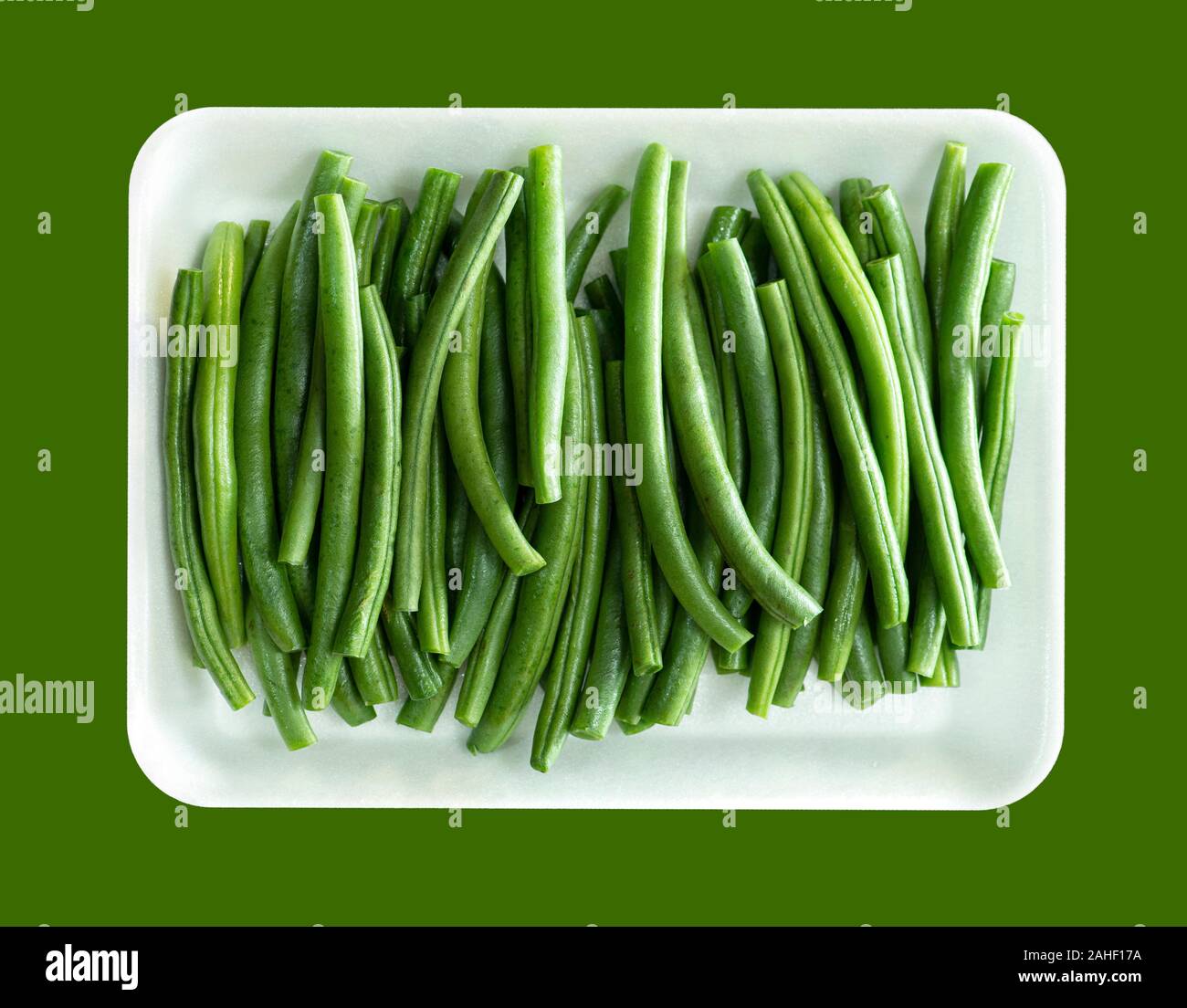 White Dish of Fresh Green String Bean Heap, Top View Shot Stock Photo